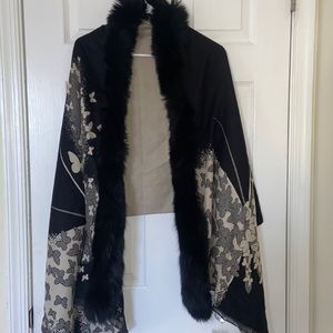 La Fiorentina Black and Cream Floral Fur Trim Wrap Scarf